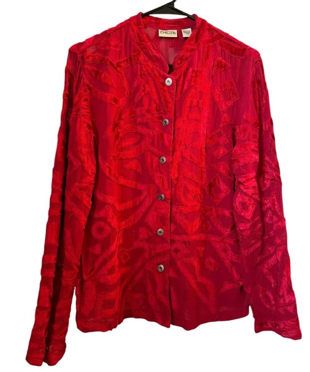 Chico's Velvet Sheer Geometric mandarin collar red blouse top button down size s